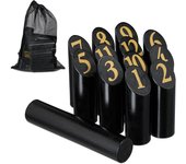 Relaxdays kubb juego, ajedrez vikingo, piezas madera, exterior, con números, para adultos y niños, con bolsa, negro