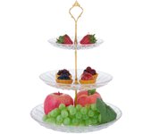 Relaxdays soporte tartas, vidrio y hierro, 3 pisos, 33x25 cm, bandeja cupcakes, frutero, con asa, transparente y dorado