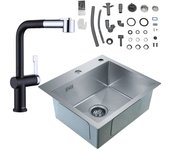 Cecipa max fregadero de cocina de 1 seno, 50 x 45 x 18,5 cm, fregadero cuadrado de inox cepillado + grifo de cocina extraíble, negro + galvánico
