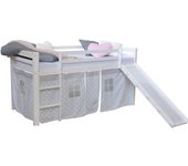 Cama alta para niños 90x200cm con escalera tobogán en madera blanca con tela gris estrella lit06179