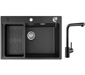 Fregadero de 1 lavabo de cuarzo negro, 70x45 cm, con escurridor y dispensador de jabón + mezclador de fregadero giratorio de 360°, color negro