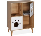 Relaxdays armario para gatos xxl, 4 compartimentos, 96x75x40 cm, escondite para arenero sanitario, cama, natural/blanco
