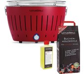 Barbacoa roja con pilas y cable de alimentación usb + 2,5kg de carbón de haya + gel combustible 500ml - lotus grill