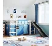 Cama infantil entrepiso y cortinas azules 80x200cm madera maciza de pino