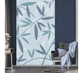 Papelera panorámica asegurada, los patrones de bambú con diferentes tonos de azul y verde, sobre un fondo azul, 250 cm x 150 cm