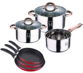 Set 8 pzs (batería de cocina onil 5 pzs + set 3 sartenes navy red & marble 16+20+24cm)