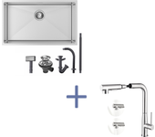 Fregadero cocina 1 bandeja 74*44*20cm 304 inox fregadero cepillado con sifón y trop-plein+mezclador cocina con ducha extraíble ,cepillado