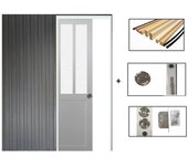 Puerta corredera de taller blanca con vidrio esmerilado al204 x l73 + sistema de bolsillo y kit de acabado incluidos