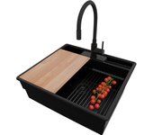 Primagran fregadero granito todo negro 58x53cm, fregadero cocina 1 seno + sifón + accesorios, fregadero sobre encimera al mueble 60cm - new york