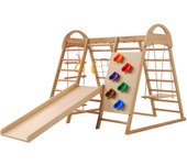 Estructura de escalada 7 en 1 en madera maciza y haya, con columpio, escalera, tobogán y red, para niños desde 3 años