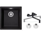 Fregadero de 1 seno de cuarzo y resina, 3 opciones de montaje, 40*44*20cm + mezclador de cocina de pared con 2 chorros negro