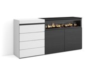 Cómoda, cajonera, 157x35x75cm, dormitorio, habitación, chimenea eléctrica, blanco y negro