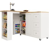 Mesa de bar giratoria 360° con ruedas, blanca, con tres cajones y soporte para snacks, 138-209 x 39 x 106 cm