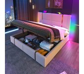 Cama contenedor 180 x 200 cm con cabecero - tomas usb y tipo c - led - tela de lino - beige (sin colchón)