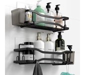 Estante de baño, estante de ducha sin perforación, estante de baño de acero inoxidable con 4 ganchos, negro