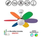 Ventilador de techo con luz silencioso dc con mando bi-alves infantil de colores 85 cm invierno-verano