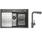 Fregadero de cocina 1 seno 70×45×21,5 cm + escurridor + lavabo + dispensador de jabón + mezclador de cocina con ducha extraíble