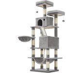 Rascador de gatos multinivel de 168 cm, torre con 13 postes, 2 plataformas, cuevas, cesta, hamaca y pompón, árbol para gatos grandes, gris