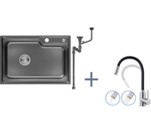 Fregadero cocina 1 bandeja 62*45*21cm,inox pvd nano lavabo para colocar,negro+mezcoador cocina negro flexible,grifo cocina plegable,2 tipos de jets