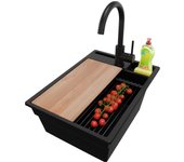 Primagran fregadero granito todo negro 38x53cm, fregadero cocina 1 seno + sifón + accesorios, fregadero sobre encimera al mueble 40cm - oslo pocket