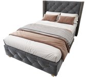 Cama individual acolchada de terciopelo gris 90×200 cm con somier, cabeza de cama capitonada