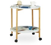 Relaxdays mesa auxiliar con ruedas, 2 niveles, multiusos, ruedas con freno, mesa de madera, diámetro 61, tablas blancas