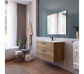 Mueble de baño suspendido con lavabo cerámico |90 cm | 2 cajones con cierre amortiguado y organizador |roble olmo.
