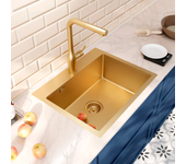 Ceramia timeless fregadero de cocina de acero inoxidable 304, 1 cubeta, 55x45x21 cm, pvd oro cepillado
