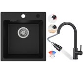 Cecipa max fregadero de cocina de cuarzo y resina fregadero de cuarzo 40x45cm 1 seno negro + mezclador de cocina con ducha extraíble, negro