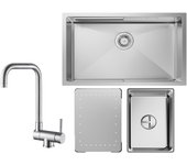 Fregadero cecipa max 1 lavabo 70×44×21cm fregadero de inox cepillado con escurridor y lavabo + grifo de cocina plegable mezclador frente a ventana
