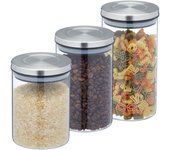 Relaxdays botes cristal, set 3, recipientes cocina, tapa acero inoxidable, tarros herméticos, transparente/plata