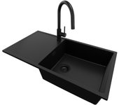 Primagran fregadero granito todo negro 90x50cm, fregadero cocina 1 seno + grifo 40x22cm + sifón, fregadero sobre encimera al mueble 60cm - ibiza
