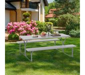 Juego 2 bancos mesa 8 personas metal hdpe todo clima orificio sombrilla jardín gris csw713715