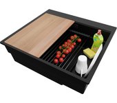 Primagran fregadero cocina todo negro 58x53cm, fregadero granito 1 seno + sifón + accesorios, fregadero sobre encimera al mueble 60cm - oslo max
