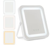 Espejo de maquillaje giratorio 360° con iluminación, cosmético con pantalla táctil, 3 colores de luz y brillo regulable, de viaje plegable recargable