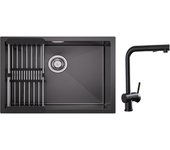 Fregadero de 1 lavabo fregadero de acero inoxidable 60×44cm con cesto de drenaje + grifo con ducha extraíble, grifo monomando negro