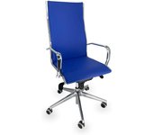 Silla de oficina ejecutiva de piel sintética azul con reposabrazos de acero cromado y ruedas de goma, 70 x 70 x 120 cm off line modelo vista
