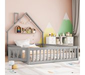 Cama infantil de 140 x 200 cm en madera de pino con barandillas protectoras y puerta, somier incluido, gris