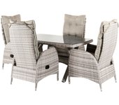 Conjunto de mesas y sillas para terraza, reclinable, aluminio y ratán sintético plano, color gris claro, mesa:140x80x74 sillon:63x67x120