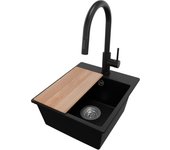 Primagran fregadero granito negro 38x44cm, fregadero cocina 1 seno + sifón + accesorios, fregadero sobre encimera al mueble 40cm - riga easy