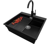 Primagran fregadero granito negro 58x53cm, fregadero cocina 1 seno + sifón + accesorios, fregadero sobre encimera al mueble 60cm - oslo max