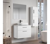 Mueble de baño suspendido con tapa y lavabo cerámico y espejo | 90 cm | 2 cajones con cierre amortiguado y organizador | blanco polar mate