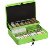 Relaxdays caja dinero con llave, bandeja monedas y 4 espacios billetes, cajita hierro, 8,5x30,5x24,5 cm, verde