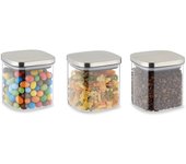 Relaxdays botes cristal con tapa, set de 3, 600 ml, recipientes cuadrados, tarros herméticos, transparente/plateado