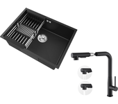 Auralum max fregadero cocina 1 bandeja 60*44*20cm,inox 304, empotrado/subplano con cesta de drenaje,negro+grifo cocina con ducha extraíble,negro