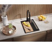 Primagran fregadero cocina negro 38x50cm, fregadero granito 1 seno + sifón + tabla de cortar, fregadero sobre encimera al mueble 40cm - oslo