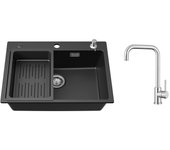 Fregadero de cuarzo y resina negro con escurridor y dispensador de jabón 60*45*20cm + grifo de cocina mezclador de acero inoxidable cepillado