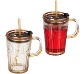 Relaxdays set de 2 vasos, jarras para beber con tapa y pajita, jarritas batidos y zumos 450 ml, con asa, marrón claro