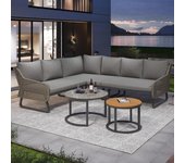 Conjunto de muebles de jardín para 6-7 personas, ratán, con dos mesas, estructura de hierro galvanizado con asientos y cojines, gris