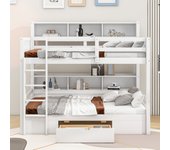 Litera de 2 plazas con cajón y estantería - 90 x 200 cm - madera de pino y mdf - somier incluido - blanco